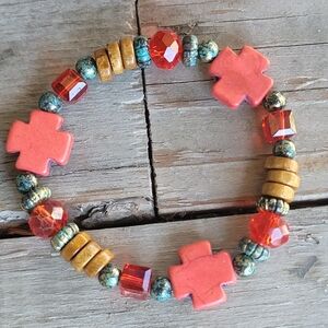 3/25🦋Handcrafted Coral and Gold Beaded Cross Boho Bracelet